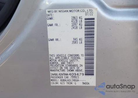 2022 Nissan Altima Sv Fwd из США, поврежденный, VIN 1N4BL4DV9NN409479